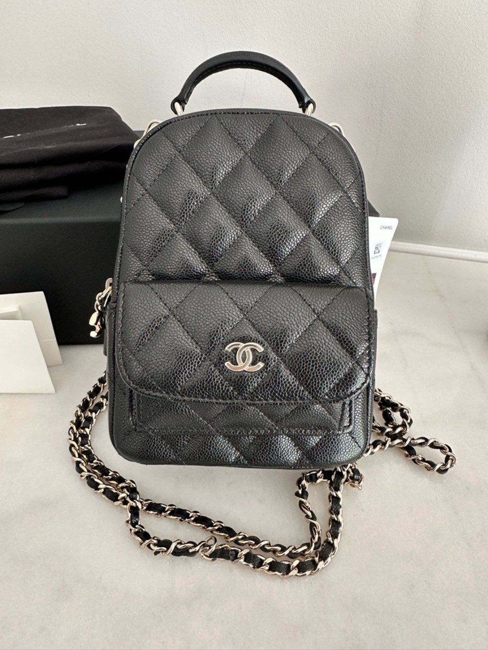 NWT 25C CHANEL Black Caviar Quilted Mini Backpack Bag with Gold Chain - Picture 2 of 10